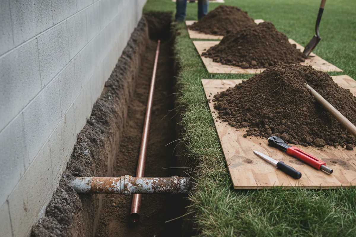 Excavated water line trench during Water Softener Installation in Hagerhill